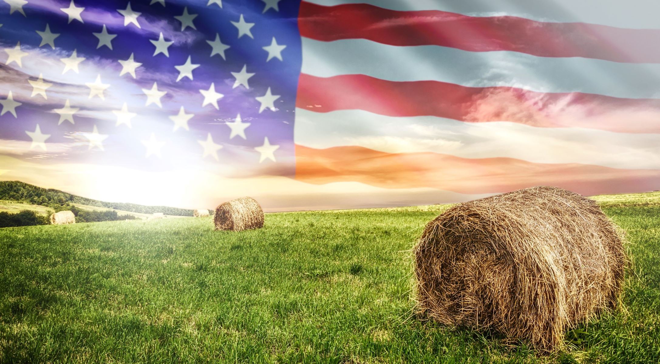 Green pasture with hay bales and the American Flag as the skyscape